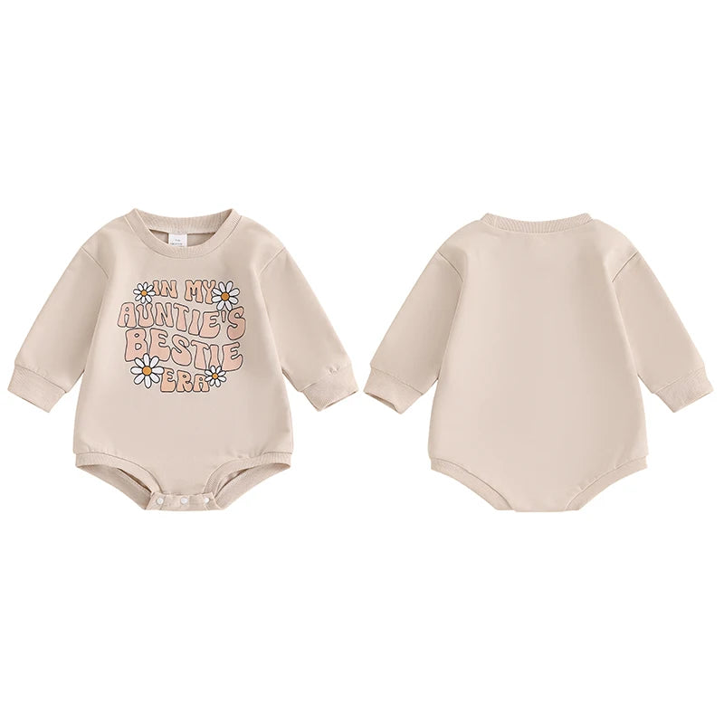 Baby Girls In My Auntie's Bestie Era Letter Flower Print Romper Long Sleeve Round Neck Bubble Jumpsuit