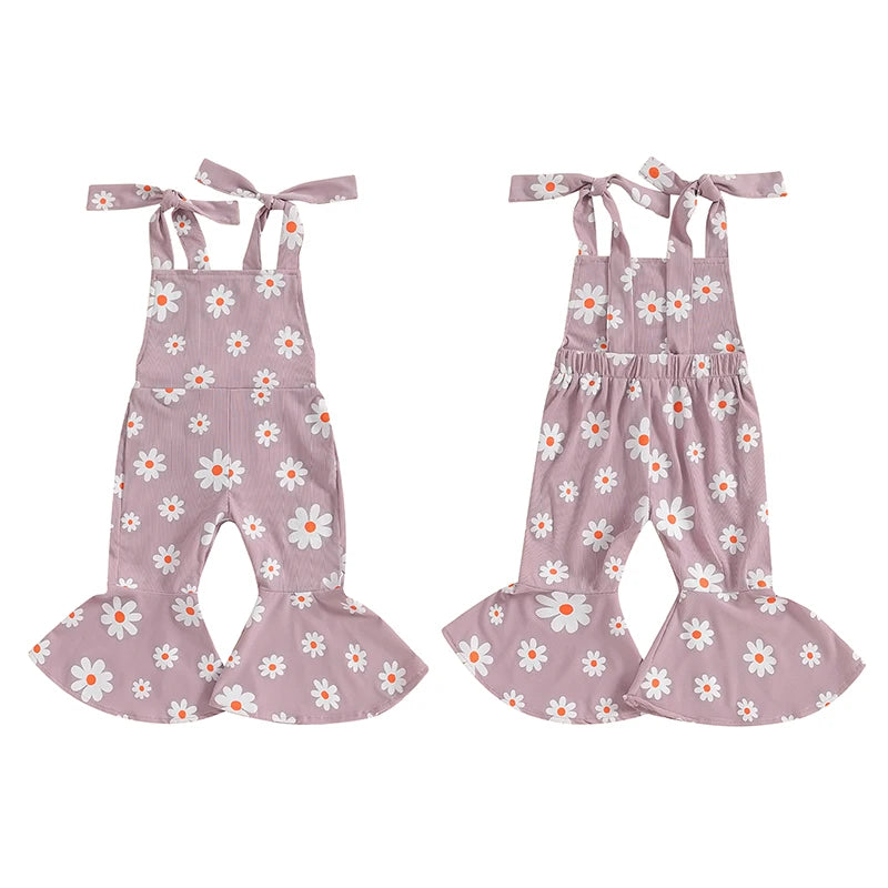 Baby Toddler Girls Summer Flare Leg Jumpsuit Daisy Flower Print Sleeveless Tie-Up Tank Top Bell-Bottoms Romper Overalls