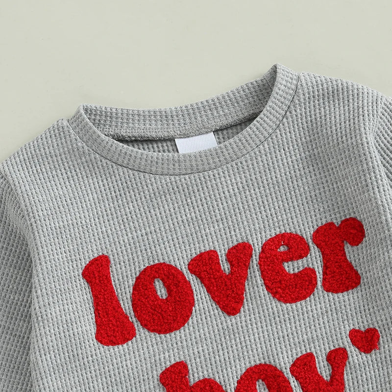 Baby Toddler Boys 2Pcs Lover Boy Valentine's Day Outfit Letter Embroidery Ribbed Long Sleeve Crew Neck Top with Drawstring Jogger Pants Valentines Set