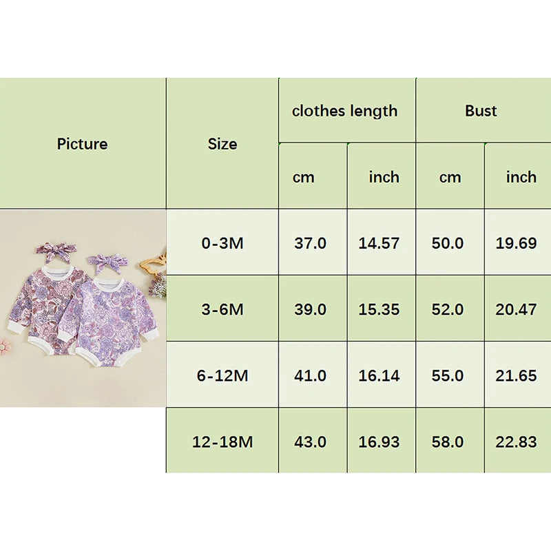 Baby Girls 2Pcs Autumn Casual Romper Long Sleeve O Neck Flower Print Romper with Headband Set