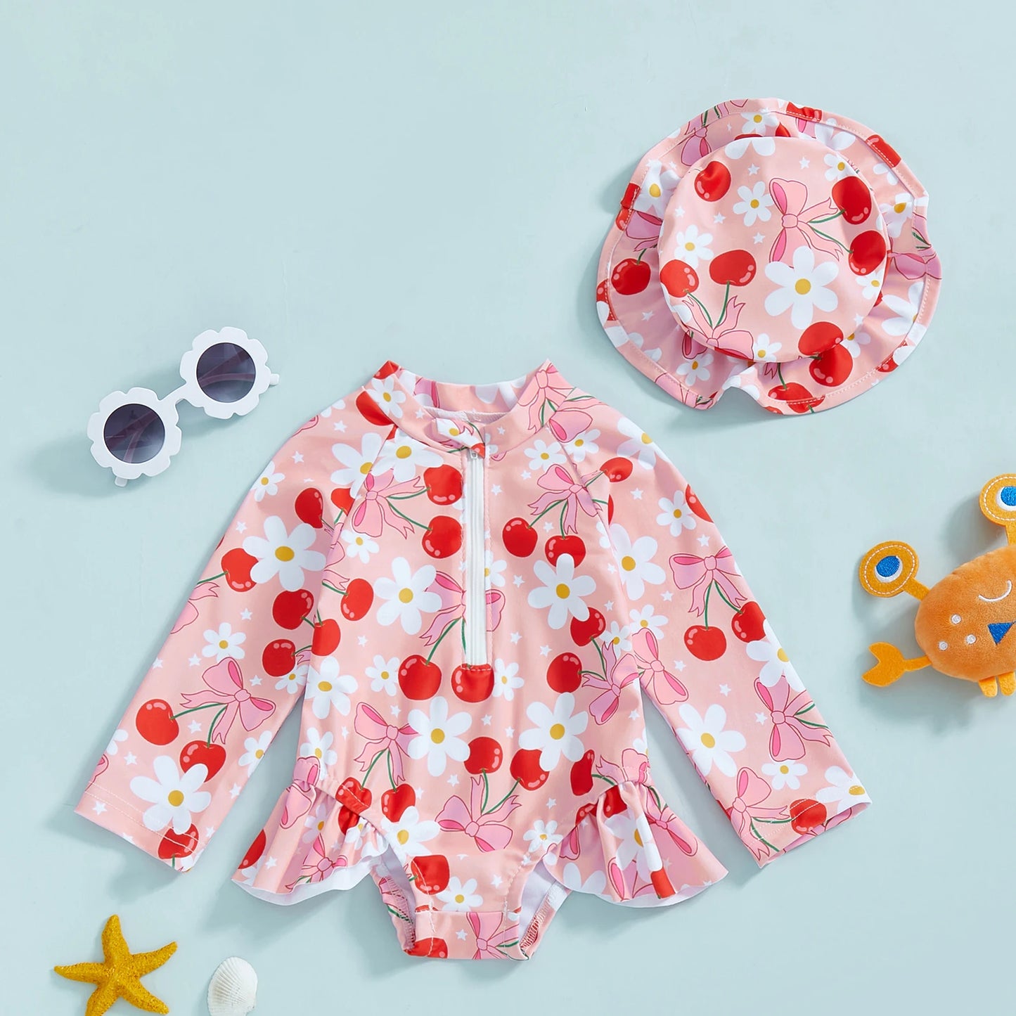 Baby Toddler Girls 2Pcs Rash Guard Swimsuit with Hat Bow Floral Print Zip Up Long Sleeve Crew Neck Swimwear Bathing Suit Set