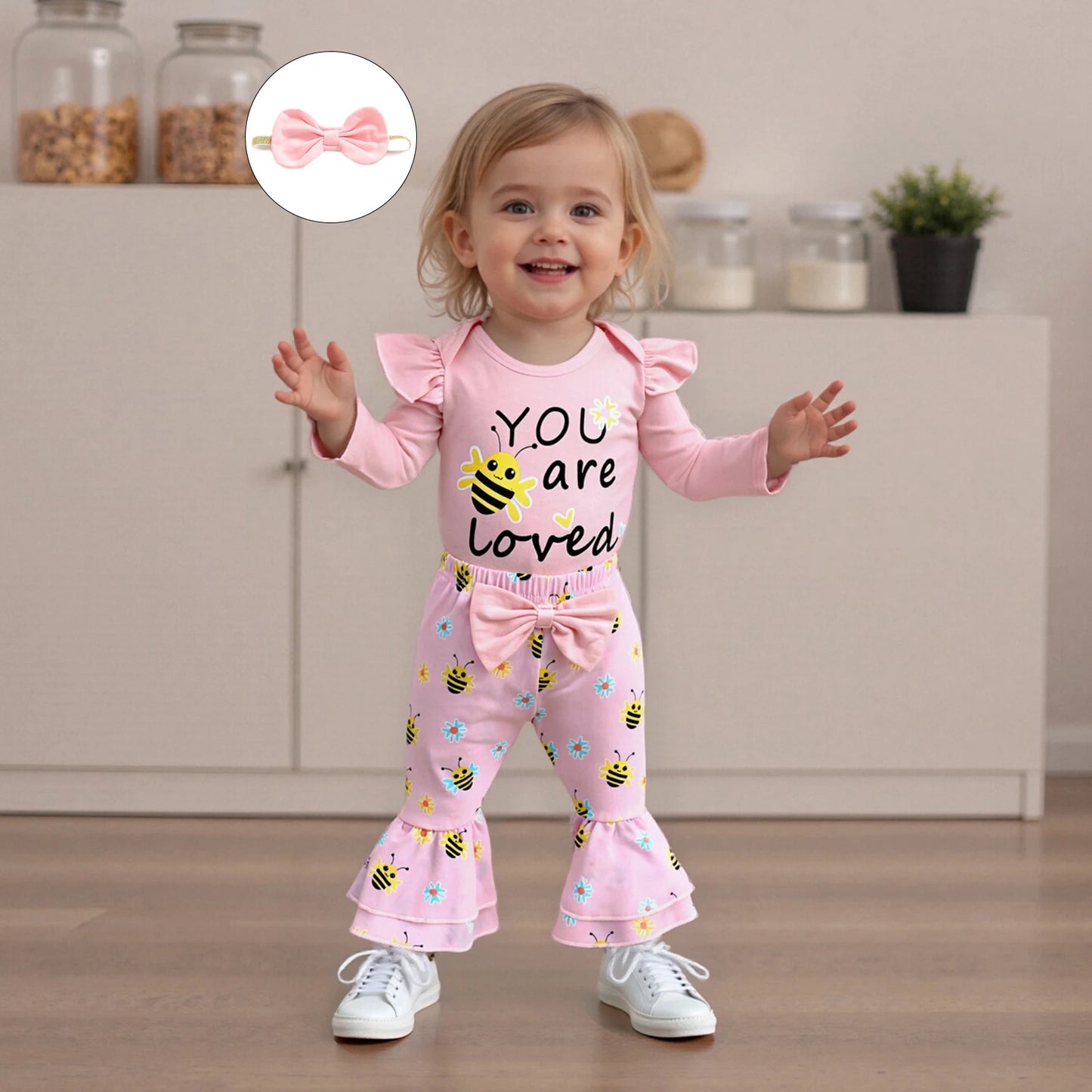 Baby Girls 3Pcs You Are Loved Long Sleeve O Neck Letter Bee Print Romper Flared Pants Headband Set