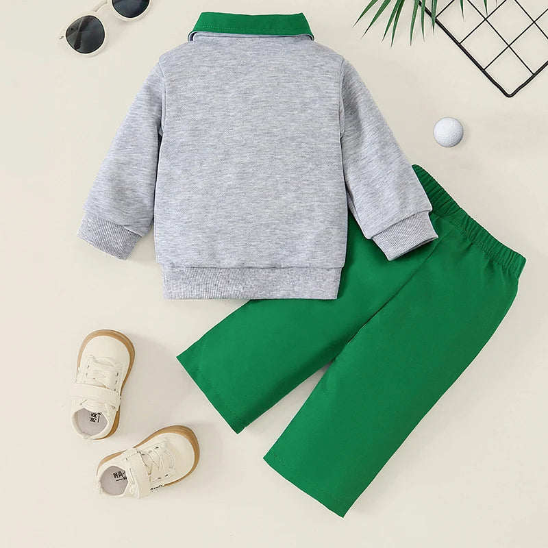 Baby Toddler Boys 2Pcs Autumn Outfit Long Sleeve Collar Golf Embroidery Top Solid Color Pants Set