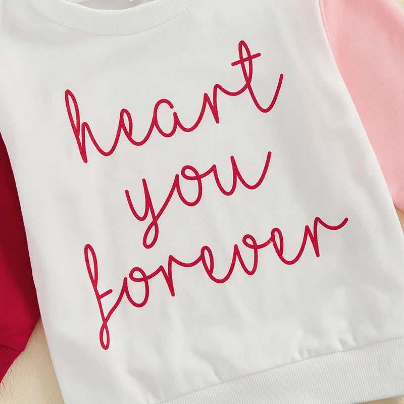 Baby Toddler Girls 2Pcs Heart You Forever Valentine's Day Set Long Sleeve Letters Print Contrast Color Crewneck Top with Tulle Tutu Skirt Valentines Outfit