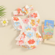 Load image into Gallery viewer, Baby Girl 2Pcs Fly Sleeve Ruffle Floral Flower Print Tank Top Romper Jumpsuit with Headband Set
