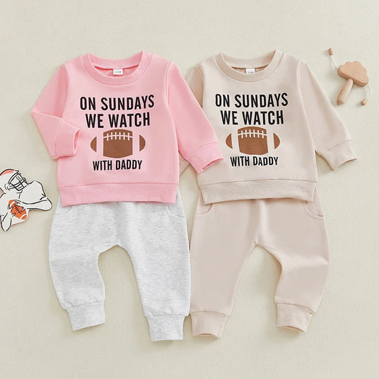 Baby Toddler Boys Girls 2Pcs Fall Outfit On Sundays We Watch Football With Daddy Letter Print Long Sleeve Top Elastic Pants Set