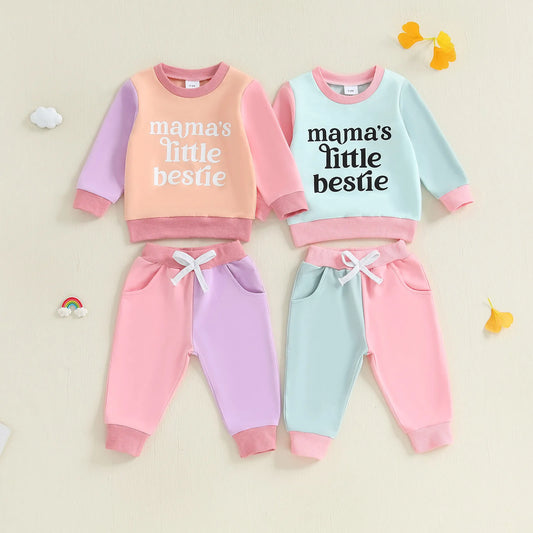 Baby Toddler Girls 2Pcs Mama's Little Bestie Long Sleeve O Neck Contrast Color Top Drawstring Pants Jogger Set