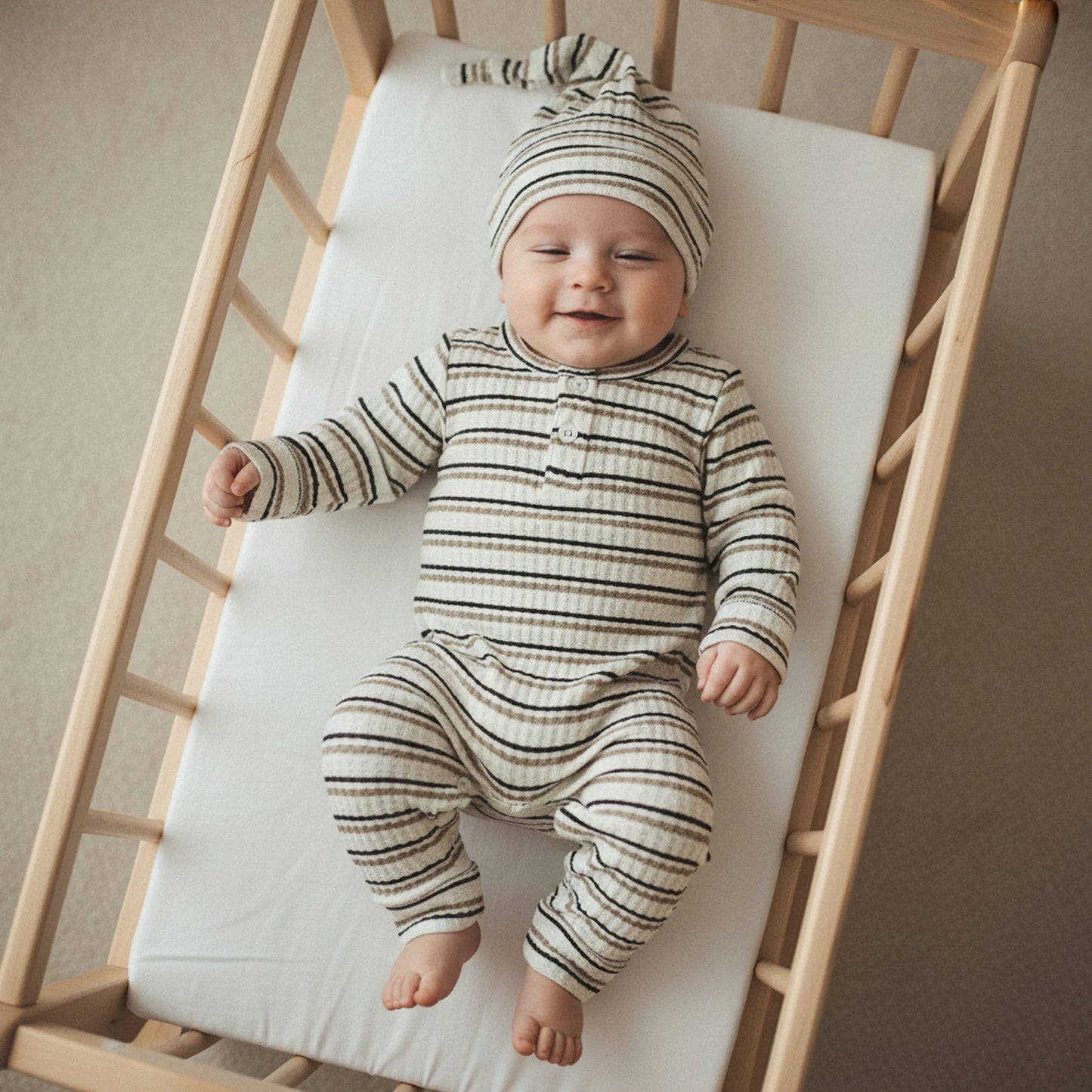 Baby Boy Girl 2Pcs Outfit Striped Long Sleeve Romper and Knotted Hat Spring Set