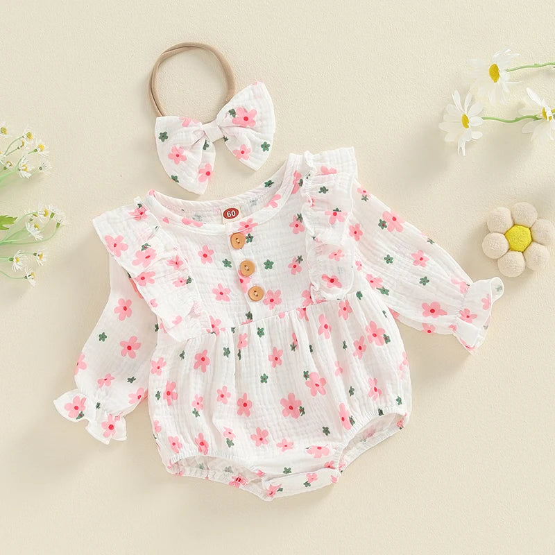 Baby Girl 2Pcs Outfit, Long Sleeve Crew Neck Floral Flowers Romper with Hairband Bow Set