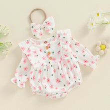 Load image into Gallery viewer, Baby Girl 2Pcs Outfit, Long Sleeve Crew Neck Floral Flowers Romper with Hairband Bow Set
