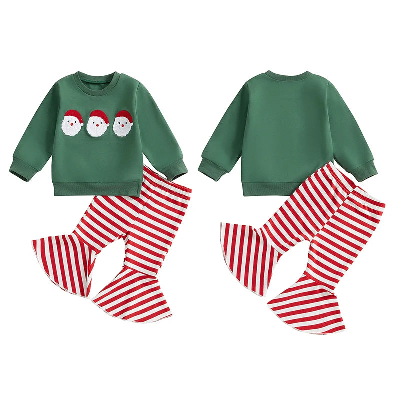 Baby Toddler Girls 2Pcs Christmas Outfit Santa Embroidery Long Sleeve Crewneck Top + Striped Flare Pants Set