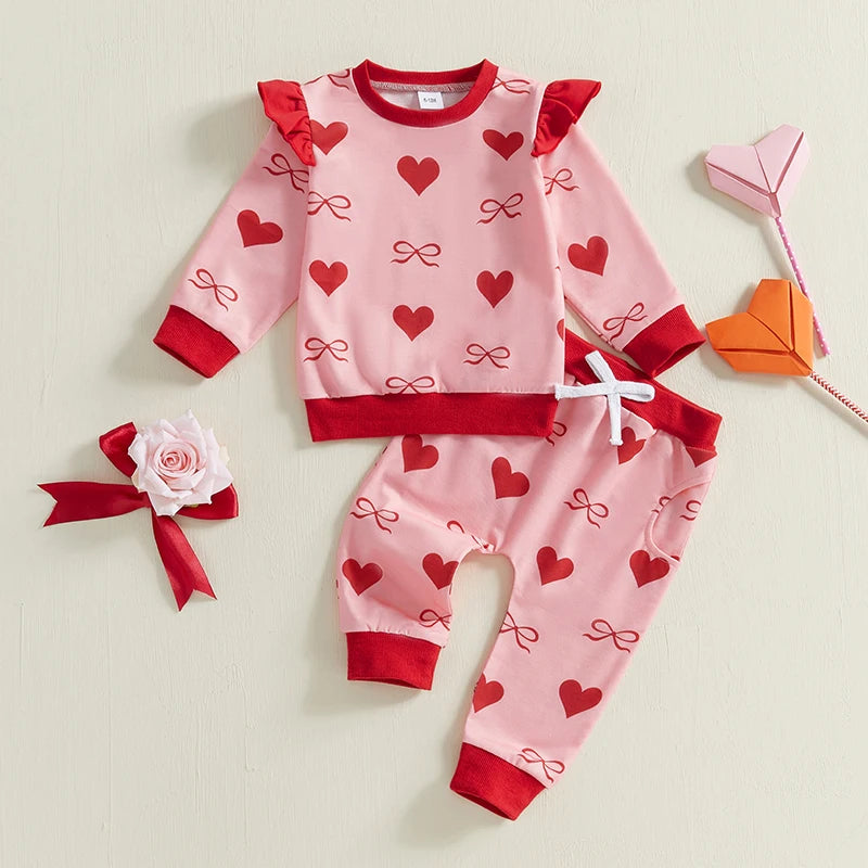 Baby Toddler Girls 2Pcs Valentine's Day Outfit Bow Heart Print Ruffle Long Sleeve Top and Elastic Jogger Pants Valentines Set