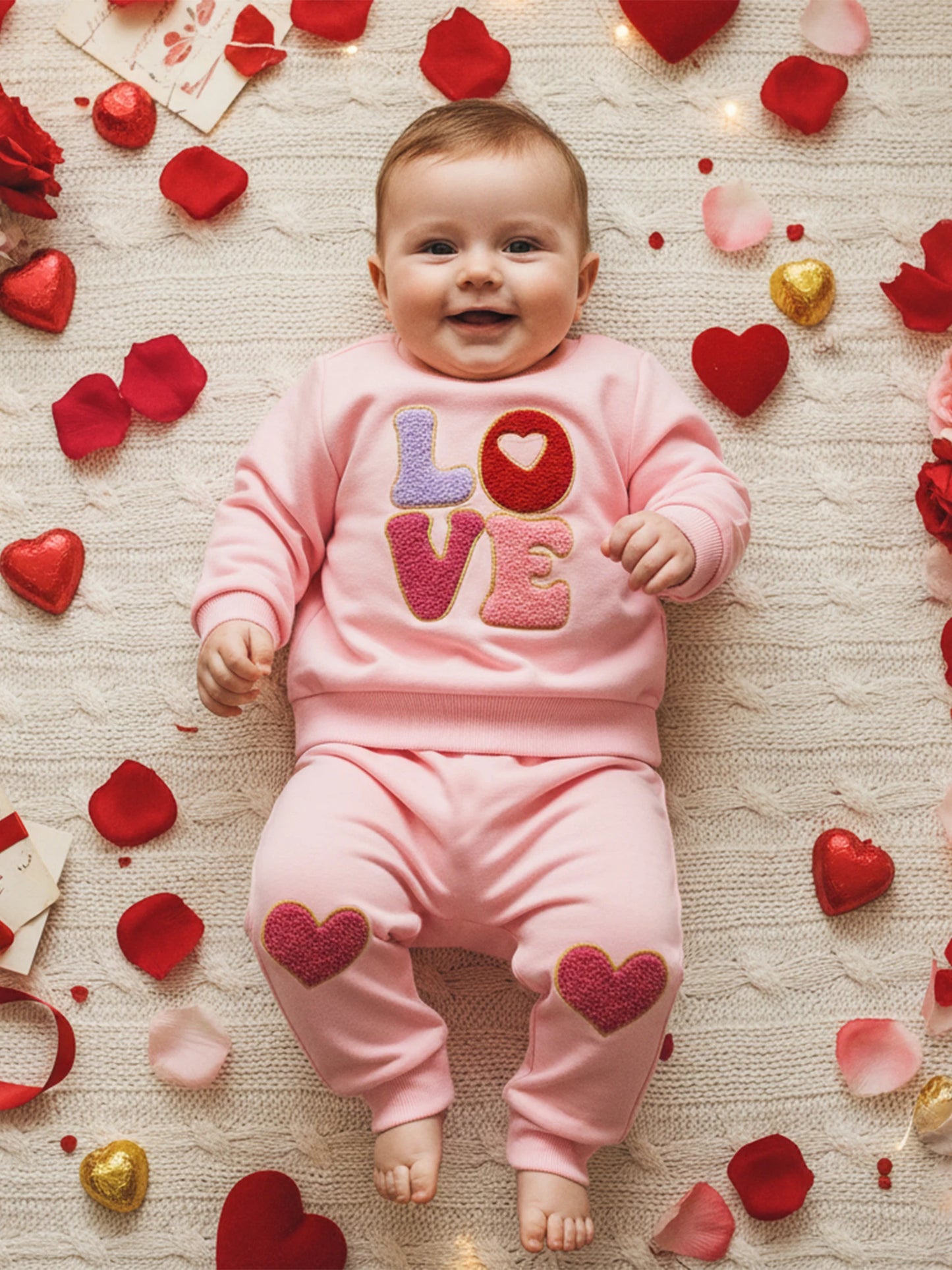 Baby Toddler Girls 2Pcs Valentine's Outfit LOVE Letter Embroidered Long Sleeve Top and Heart Embroidered Pants Jogger Set