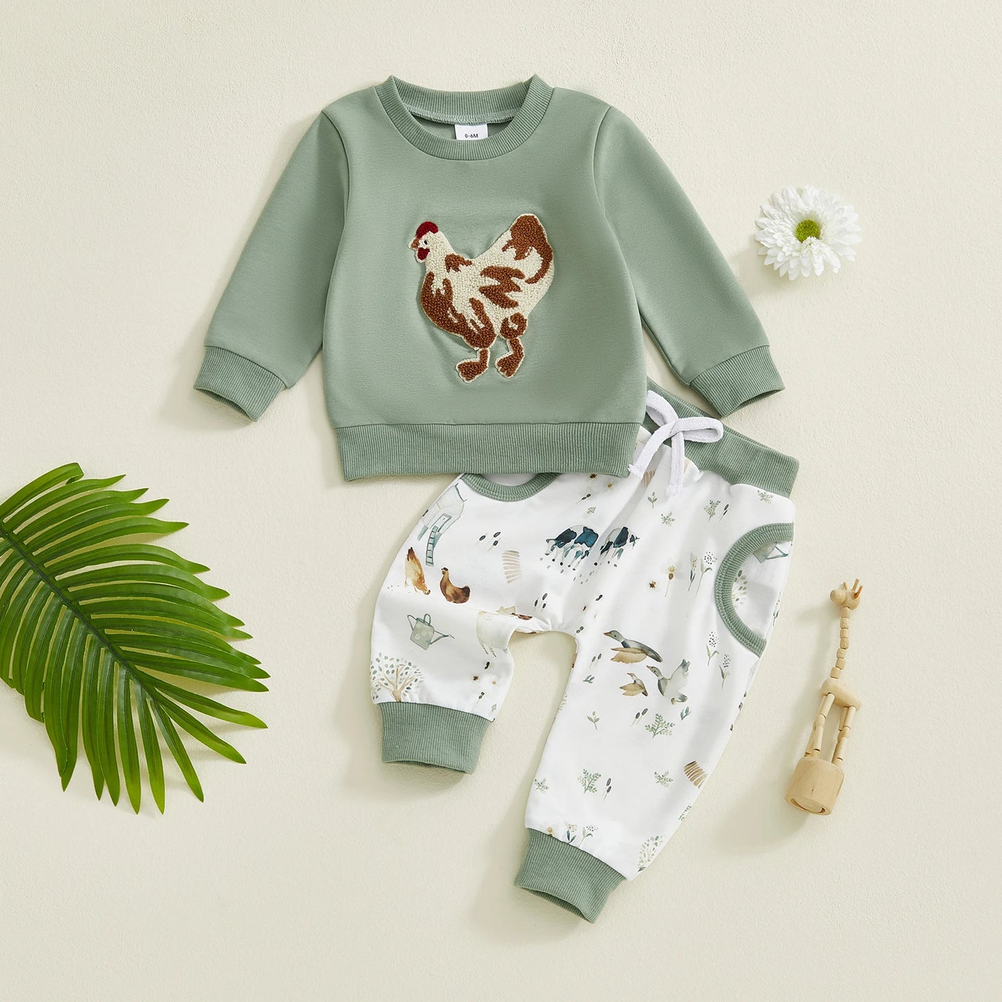 Baby Toddler Boys 2Pcs Fall Set Fashionable Long Sleeve Chicken/Duck Embroidery Pullover Top with Print Jogger Pants 2 Pcs Outfits