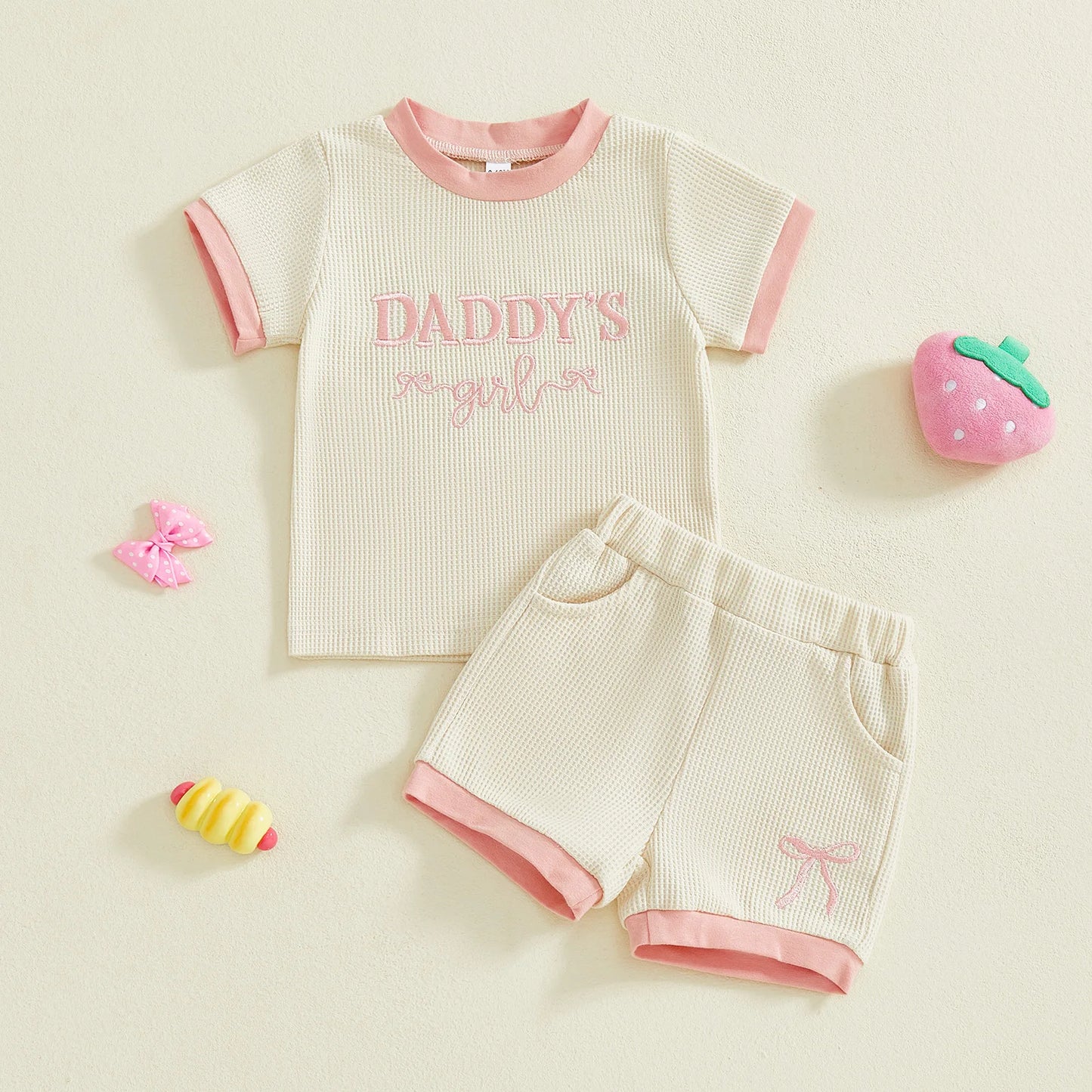 Baby Toddler Girls 2Pcs Daddy's Girl Clothing Set Cute Short Sleeve Letters Embroidery Top with Bow Shorts 2Pcs Outfit