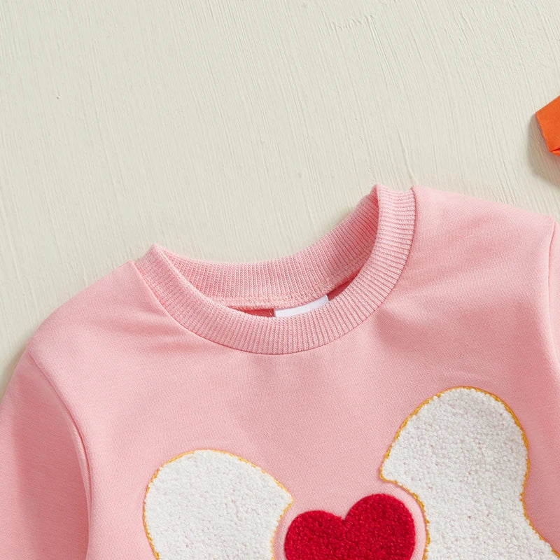 Baby Girl Romper Long Sleeve Round Neck Heart Bow Embroidery Bodysuit Valentine's Day