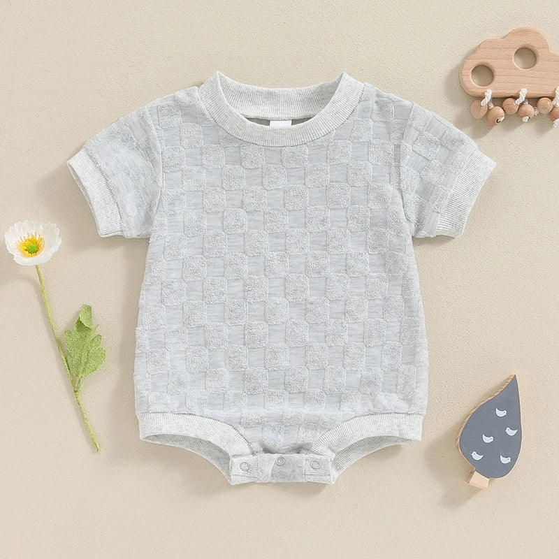 Baby Boys Girls Bodysuit Short Sleeve Crew Neck Checkerboard Summer Playsuit Romper