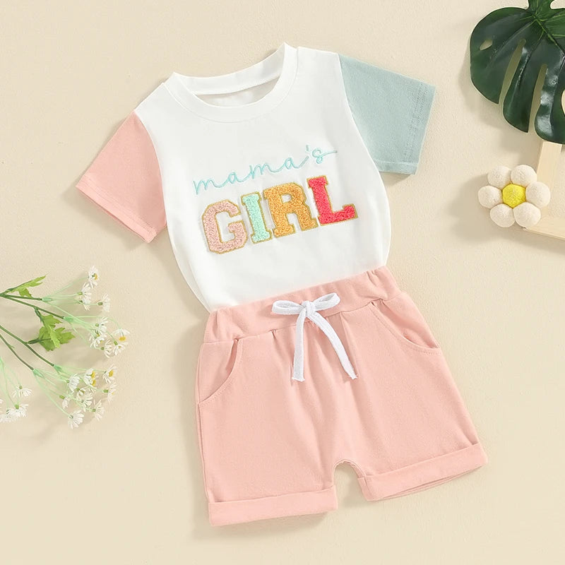 Baby Toddler Girl 2Pcs Mama's Girl Letter Embroidery Short Sleeve Round Neck Top with Solid Color Shorts Set