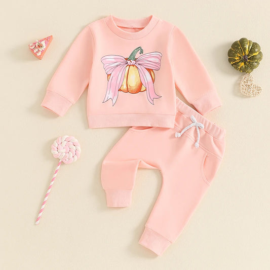 Baby Toddler Girls 2Pcs Halloween Outfit Bow Pumpkin Print Long Sleeve Top and Elastic Pants Set