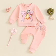 Load image into Gallery viewer, Baby Toddler Girls 2Pcs Halloween Outfit Bow Pumpkin Print Long Sleeve Top and Elastic Pants Set
