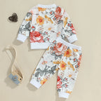 Baby Toddler Girls 2Pcs Fall Outfit Floral Flowers Print Long Sleeve Crewneck Top and Elastic Pants Set