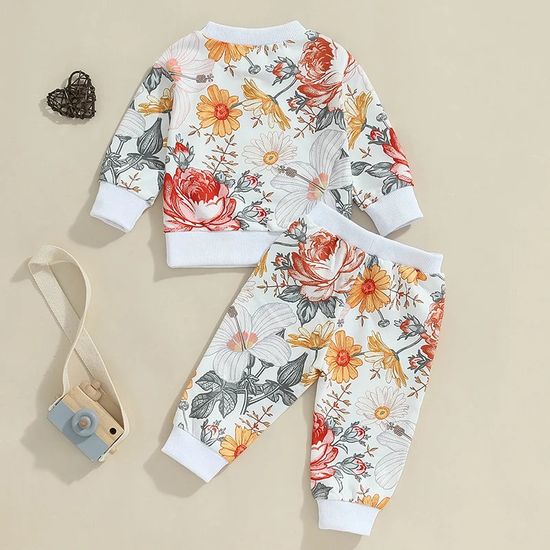 Baby Toddler Girls 2Pcs Fall Outfit Floral Flowers Print Long Sleeve Crewneck Top and Elastic Pants Set