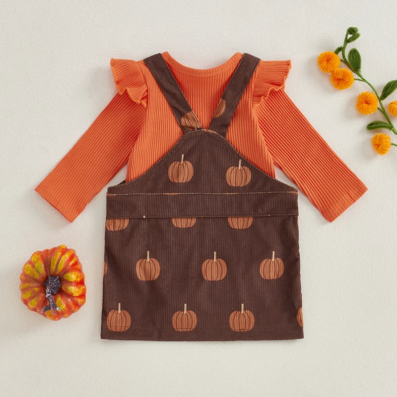 Baby Girls 2Pcs Halloween Set Long Sleeve Ruffled Ribbed Romper Pumpkin Print Overalls Skirt Outfit