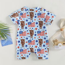 Load image into Gallery viewer, Kid Girl Boy Romper Ribbed Summer Short Sleeve Round Neck Bull / Plaid / Balloon / Fireworks Print Jumpsuit
