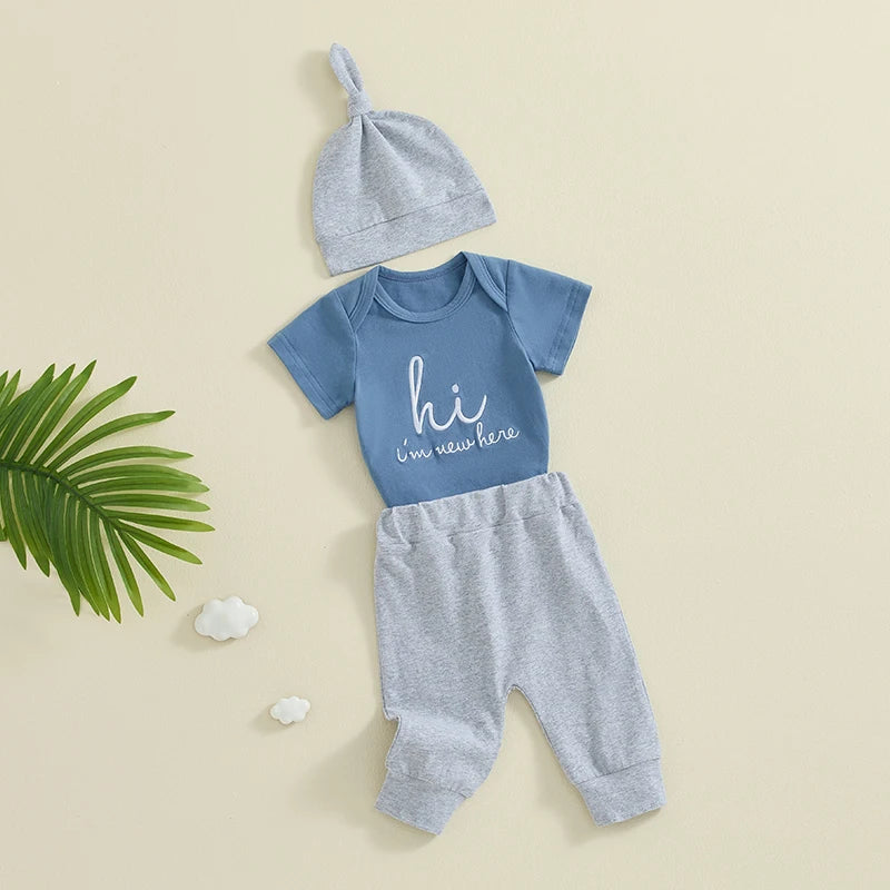 Baby Girl Boy 3Pcs Hi I'm New Here Outfit Letter Embroidery Short Sleeve Romper Elastic Waist Long Pants Hat Clothes Set