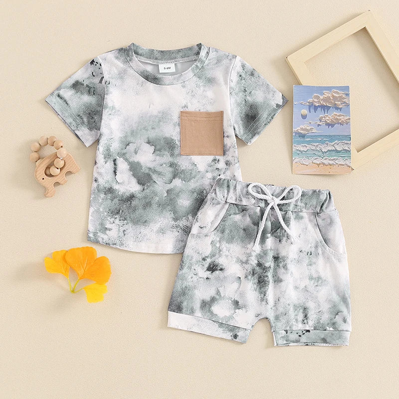 Toddler Baby Boys Girls 2Pcs Clothes Set Tie-dye Print Short Sleeve Top with Elastic Waist Shorts Summer Outfit