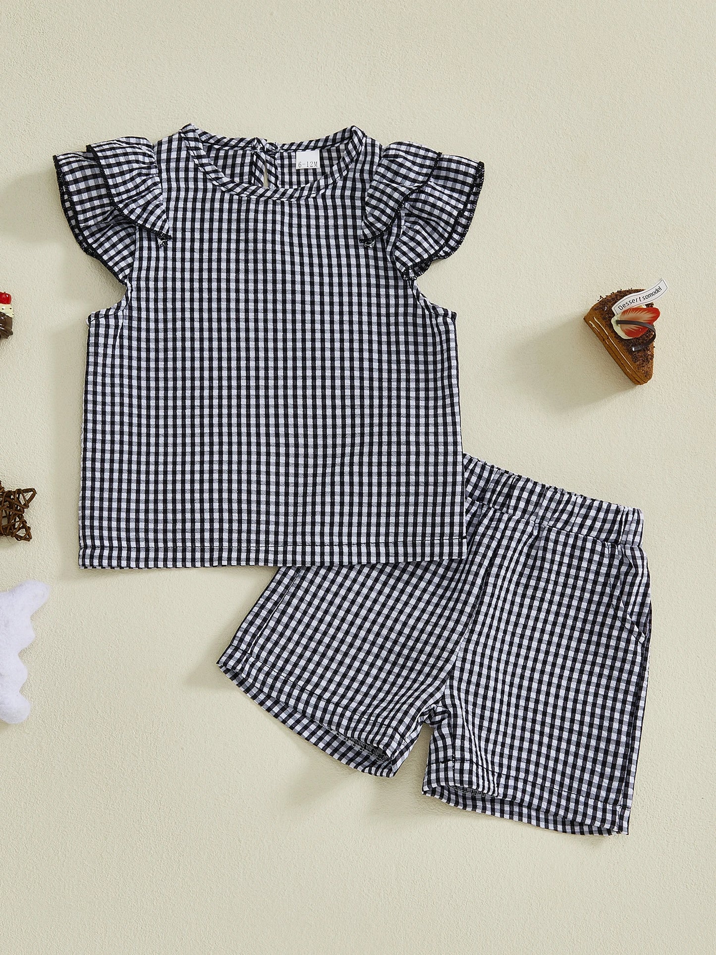 Baby Toddler Girls 2Pcs Plaid Outfit Fashionable Cute Flying Sleeve Top with Shorts Clothing Set