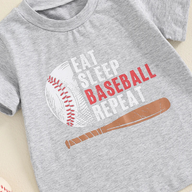 Baby Toddler Boys 2Pcs Eat Sleep Baseball Repeat Outfit Baseball Letter Print Short Sleeve Top and Elastic Shorts Clothes Set