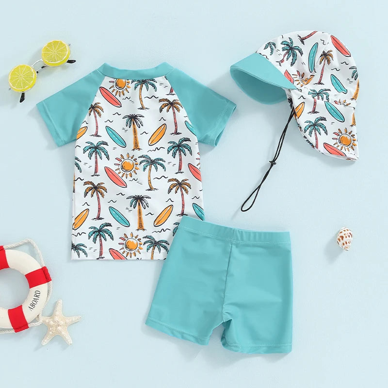 Baby Toddler Boys 3Pcs Swimsuit Palm Tree/Dinosaur Print Short Sleeve Top with Swim Trunks and Swim Cap Hat Bathing Suit Set