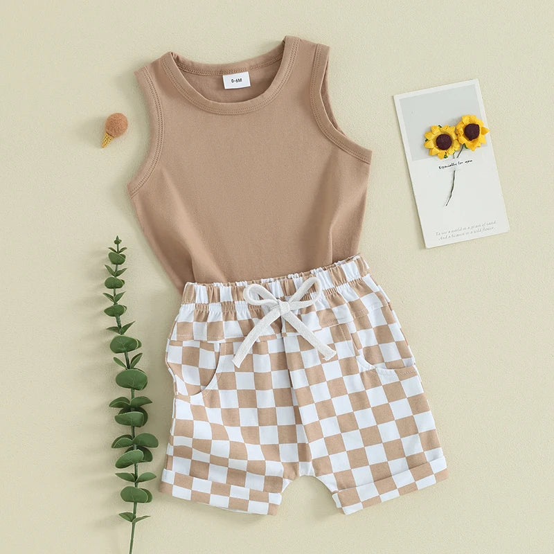 Baby Toddler Boys 2Pcs Clothes Solid Color Sleeveless Tank Top Checkered Shorts Outfit Set