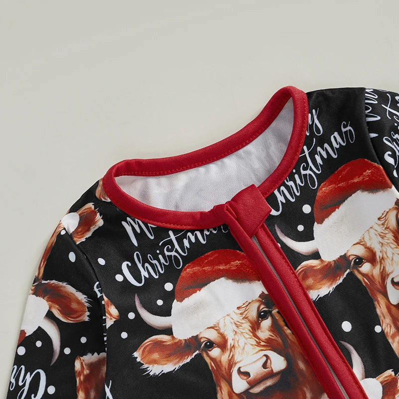 Baby Boys Girls Christmas Jumpsuit Bull Cow Santa Hat Merry Christmas Letter Print Round Neck Long Sleeve Zipper Romper