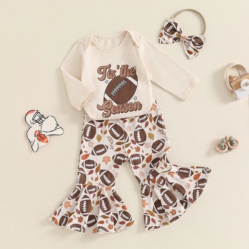 Baby Girls 3Pcs Tis' The Season Fall Outfit Football Print Long Sleeve Romper and Elastic Flared Pants Headband Set