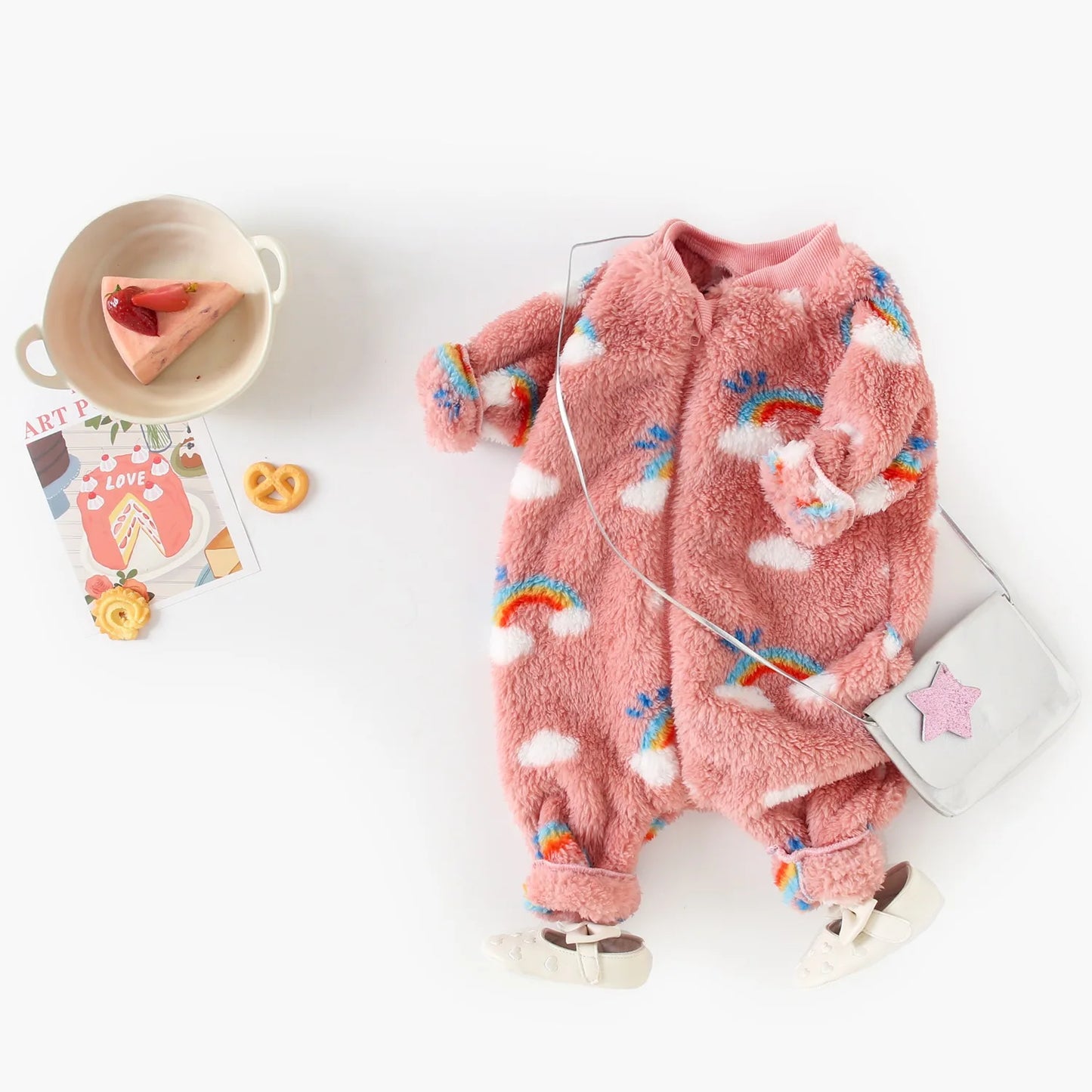 Baby Toddler Girl Winter Clothes Warm Thick Romper Zipper Long Sleeve Jumpsuit Rainbow Print Fleece Outfit