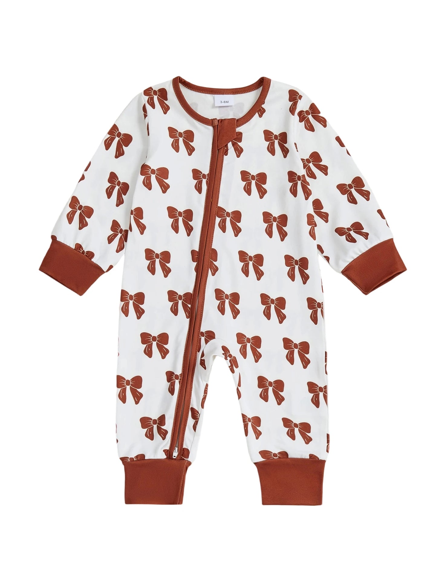 Baby Girl Zipper Romper Long Sleeve Round Neck Bow Print Jumpsuit