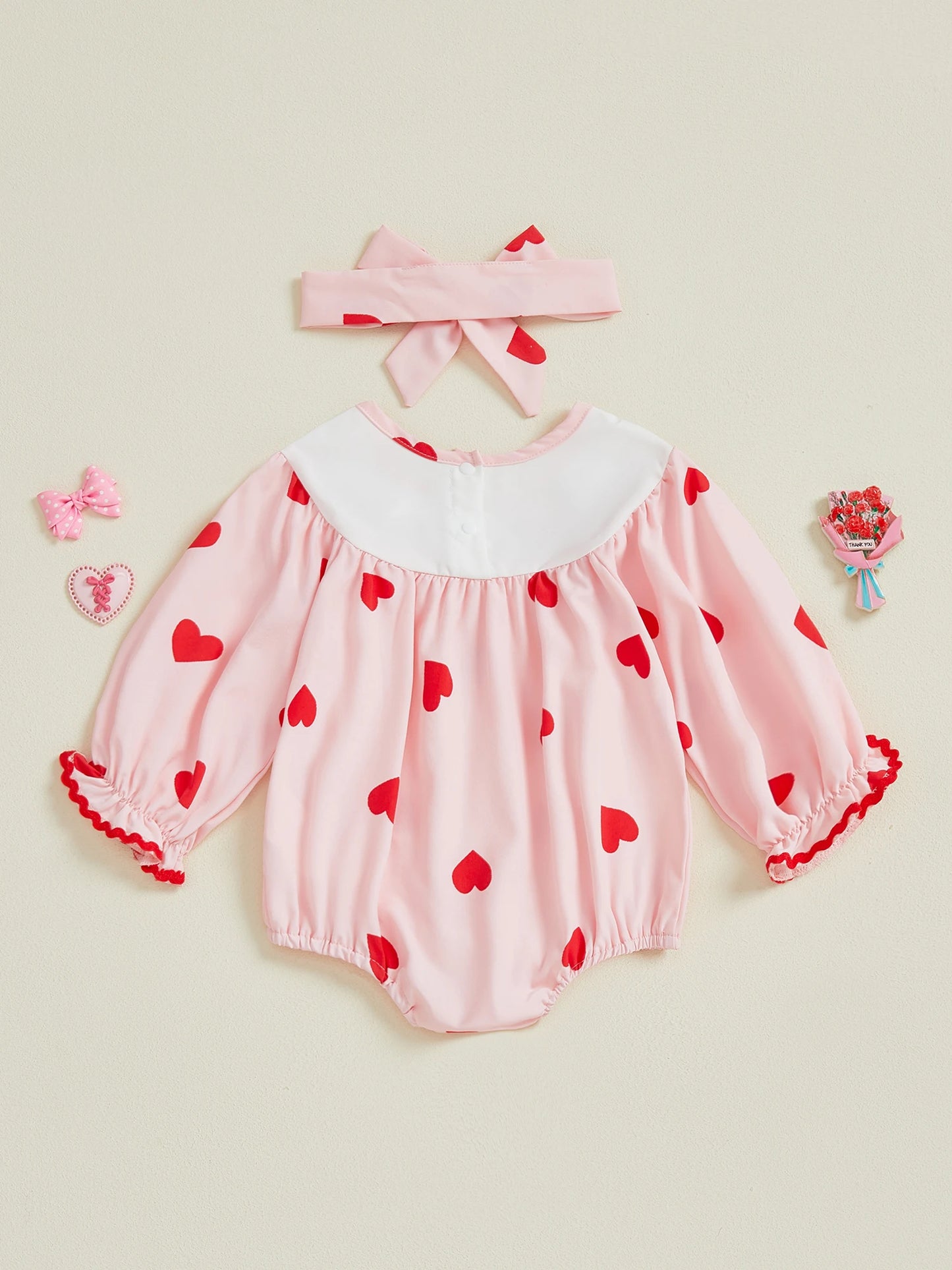 Baby Girl 2Pcs My 1st Valentine's Day Romper with Heart Print and Letter Embroidery Long Sleeve Infant Jumpsuit with Matching Headband Set