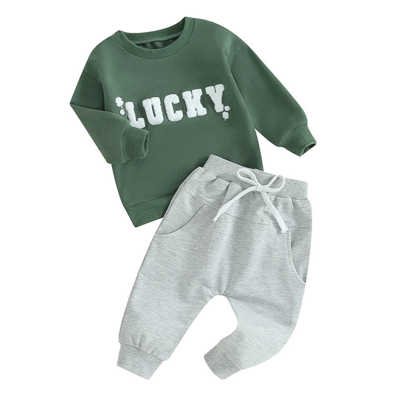 Baby Toddler Boys Girls 2Pcs Irish St. Patrick's Day Outfit Sets Long Sleeve Letter Lucky Leaf Clover Embroidery Top + Drawstring Pants