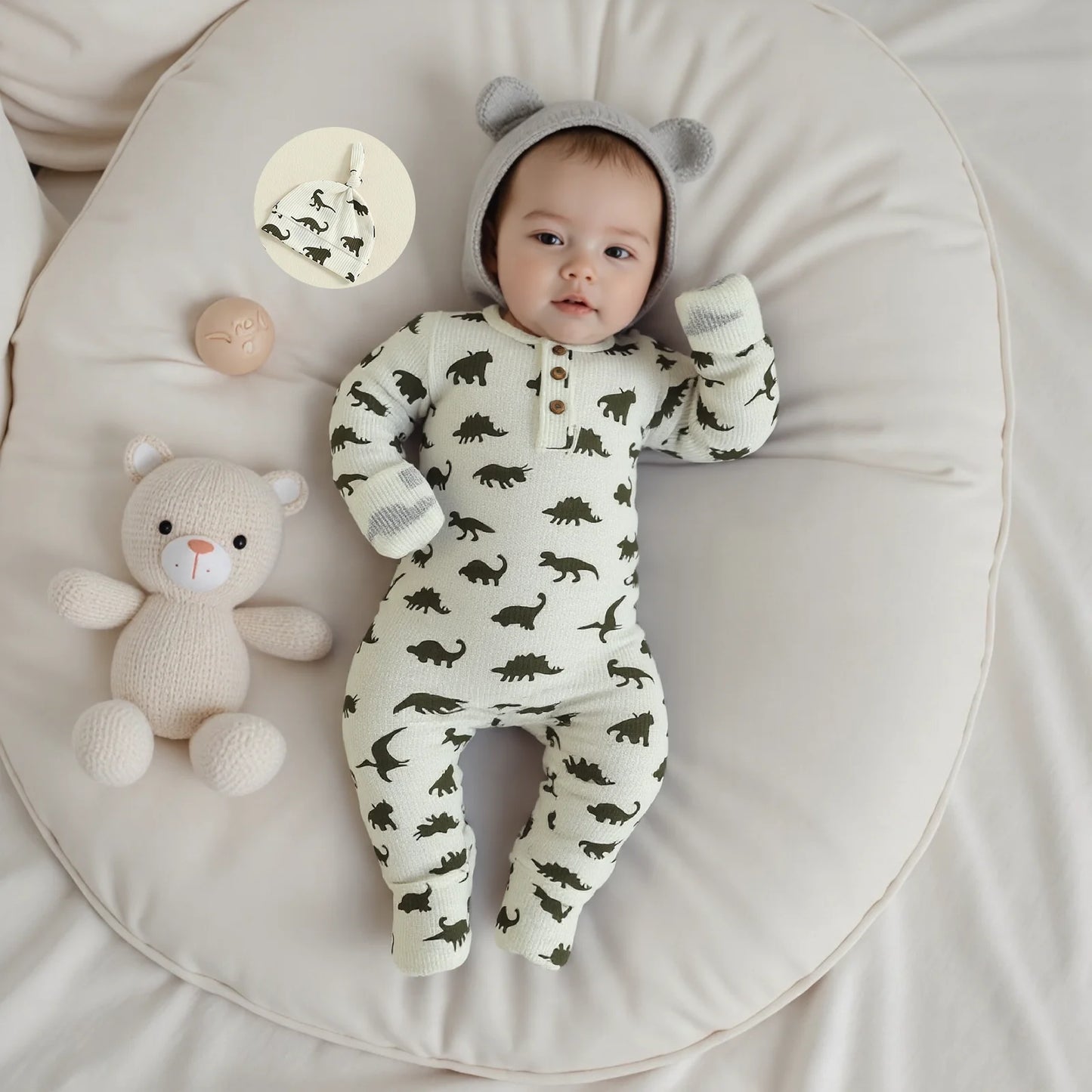 Baby Boys Girls 2Pcs  Jumpsuit Set Long Sleeve Crew Neck Dinosaur Print Fall Casual Romper with Hat