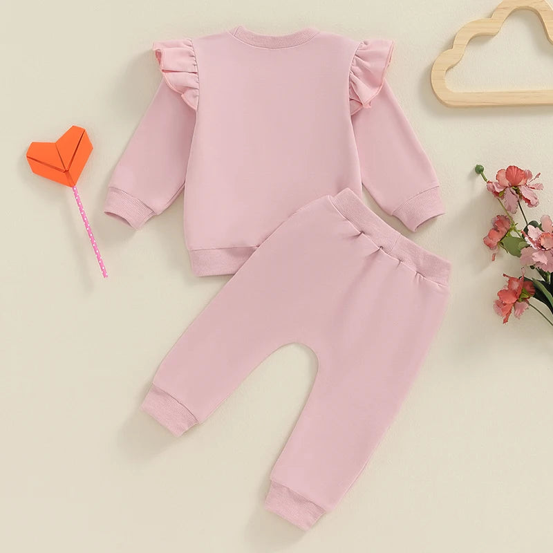 Baby Toddler Girls 2Pcs Fall Outfit Cute Bow Strawberries Print Long Sleeve Ruffle Shoulder Pullover + Pants Set