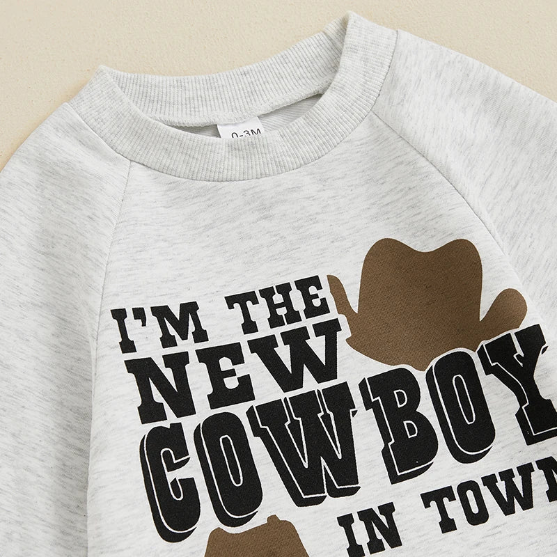 Baby Boy I'm The New Cowboy In Town Western Romper Letter Print Round Neck Long Sleeve Full Length Jumpsuit Fall