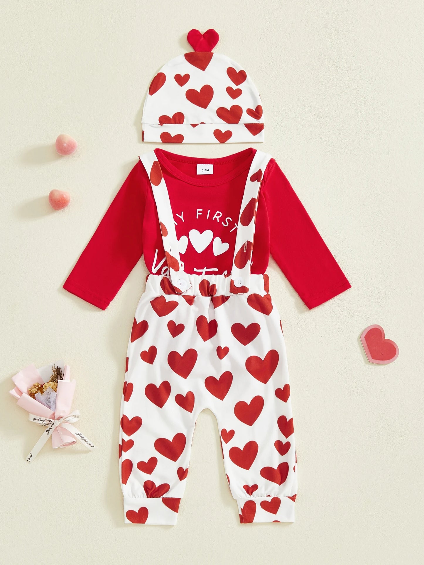 Baby Boys Girls 3Pcs My First Valentine's Day Outfit Heart Long Sleeve Romper Suspender Pants and Hat 3 Piece Set