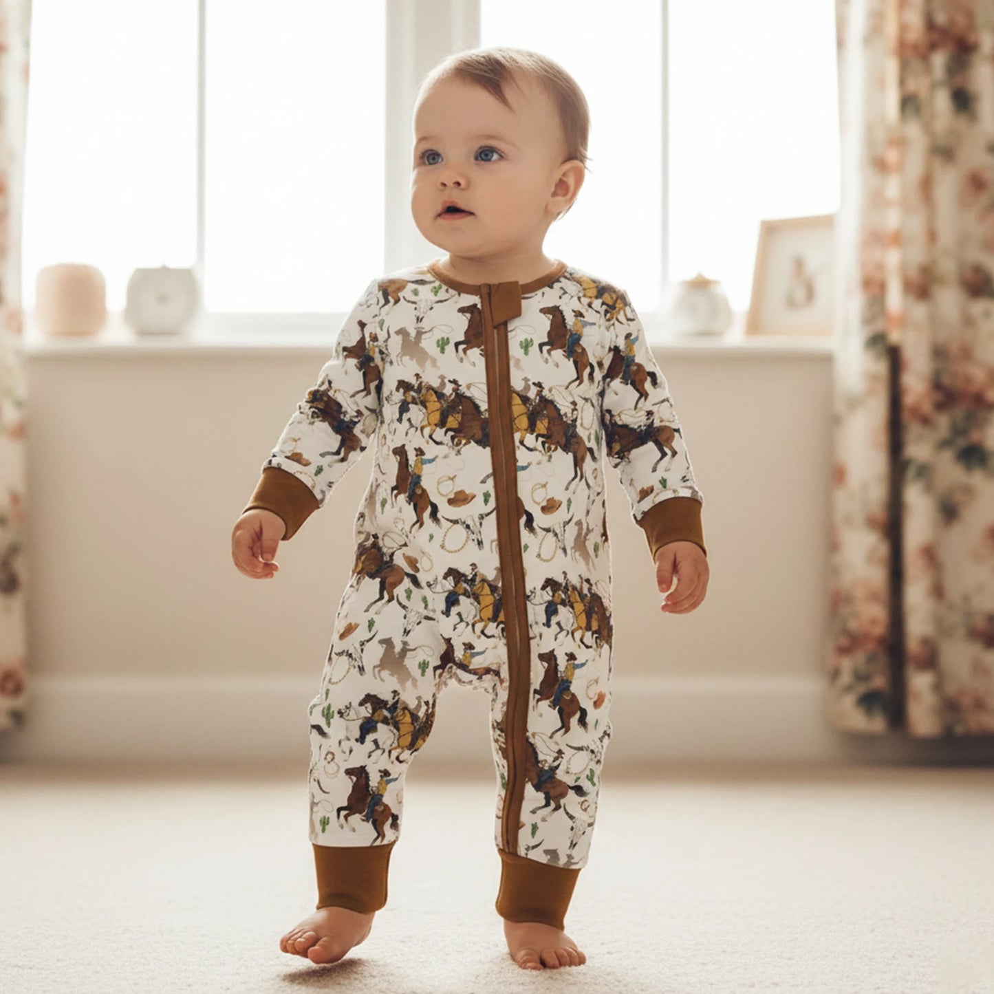 Baby Boy Western Zipper Romper Cactus Horse Print Long Sleeve Zip-up Jumpsuit Casual Infant Clothes