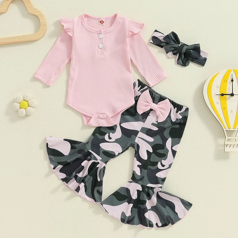 Baby Girls 3Pcs Fall Outfit Long Sleeve Ribbed Solid Color Romper Camouflage Print Flared Long Pants Headband Set