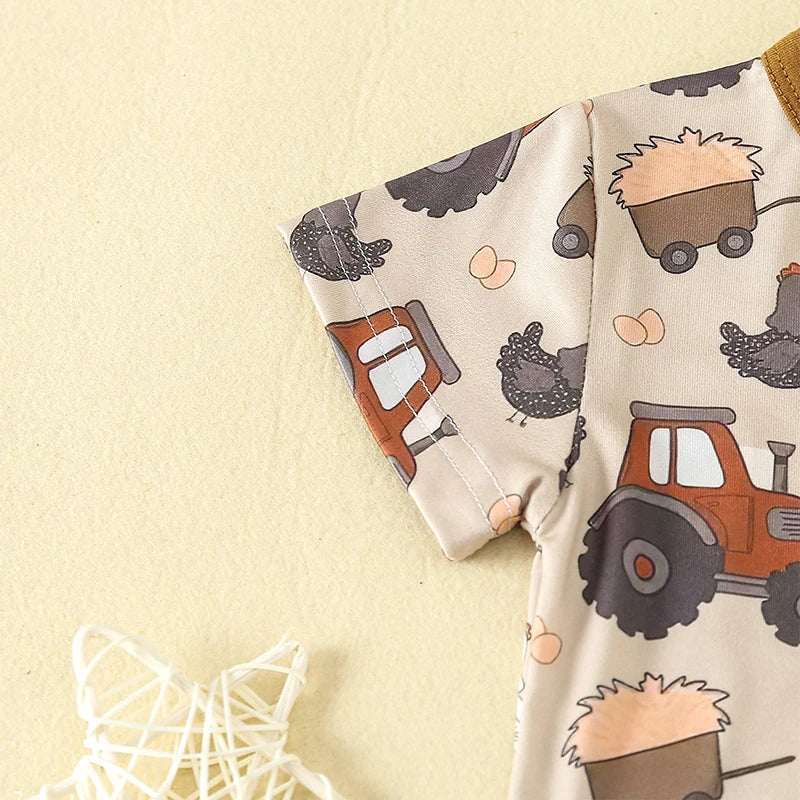 Baby Toddler Boy Girl 2Pcs Spring Summer Clothes Cute Farm Animals Chicken Chick Tractor Print Outfit Set Short Sleeve Cartoon Top and Shorts