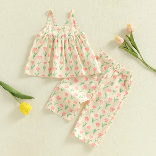 Baby Toddler Girls 2Pcs Outfit Sleeveless Tulip Print Cami Tank Top Pants Spring Set