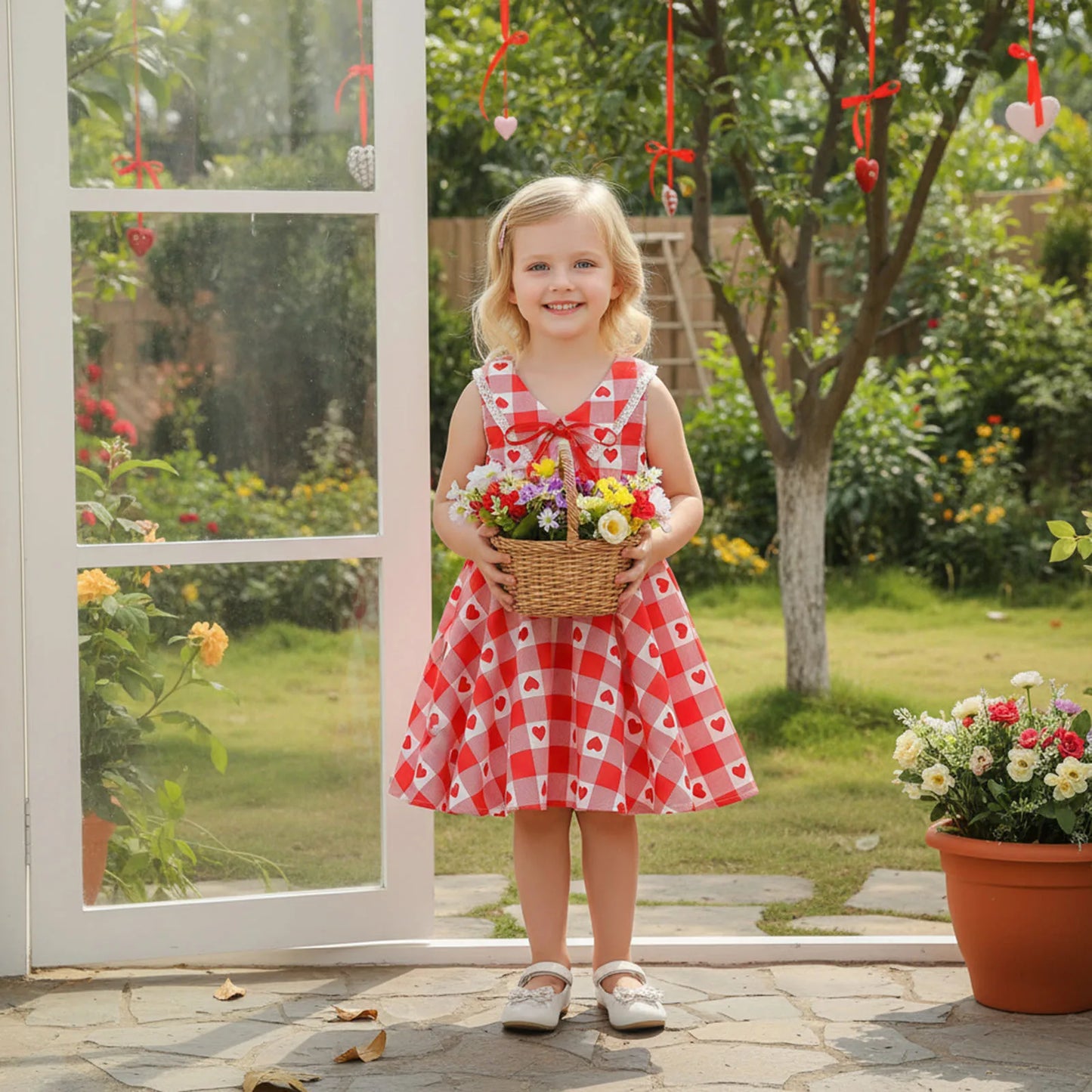 Baby Toddler Kids Girls Valentine's Day Dress Summer Sleeveless Lapel Plaid Heart Print Sweet A-Line Sundress