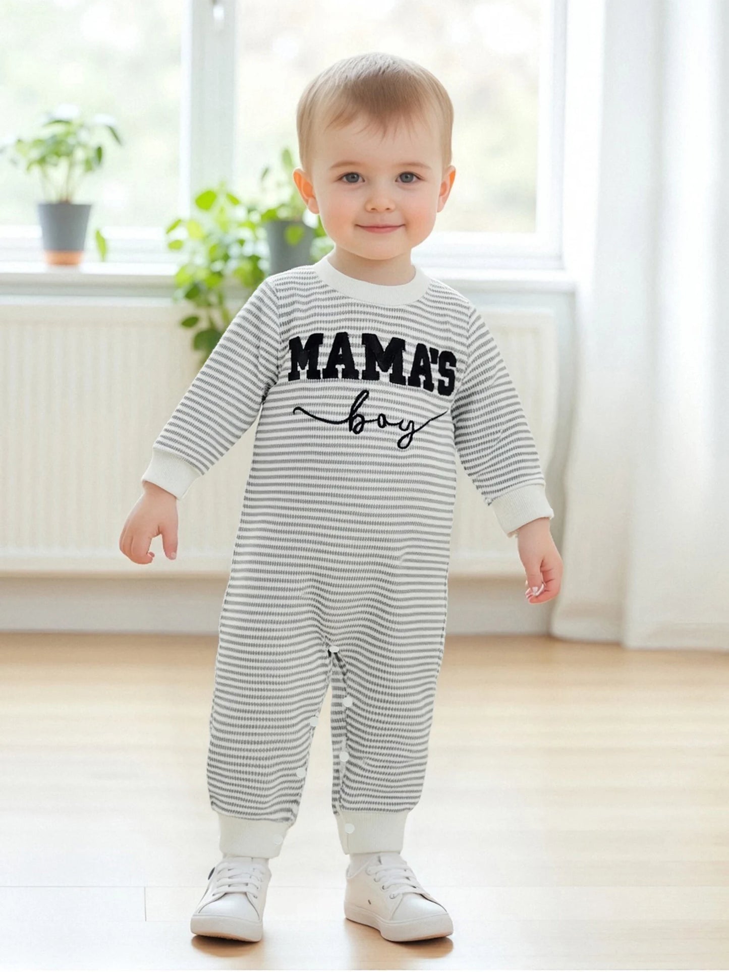 Baby Boys Mama's Boy Fall Romper Letter Embroidery Long Sleeve Round Neck Full Length Waffled Stripe Jumpsuit